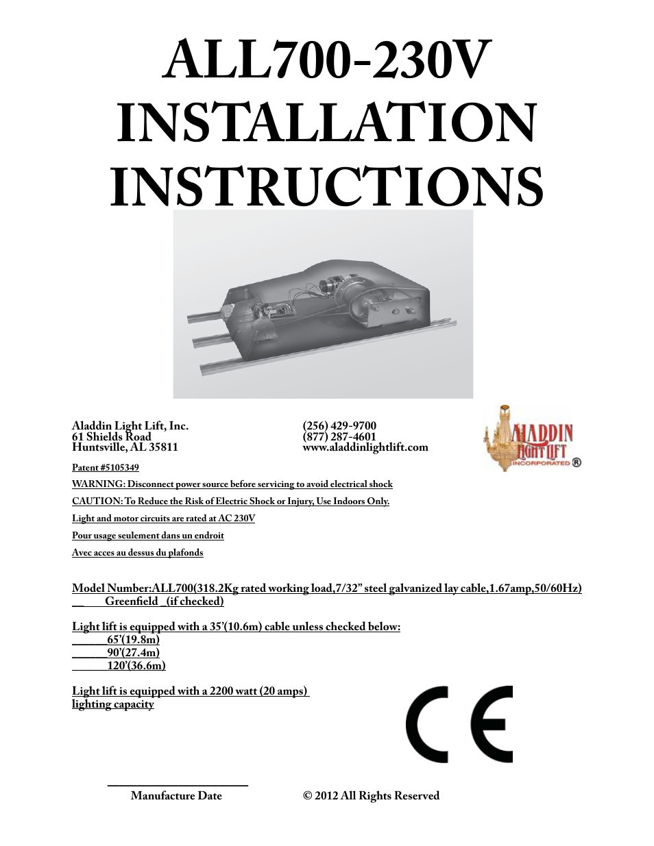 Aladdin Light Lift ALL700-CM-240V User Manual | 13 pages