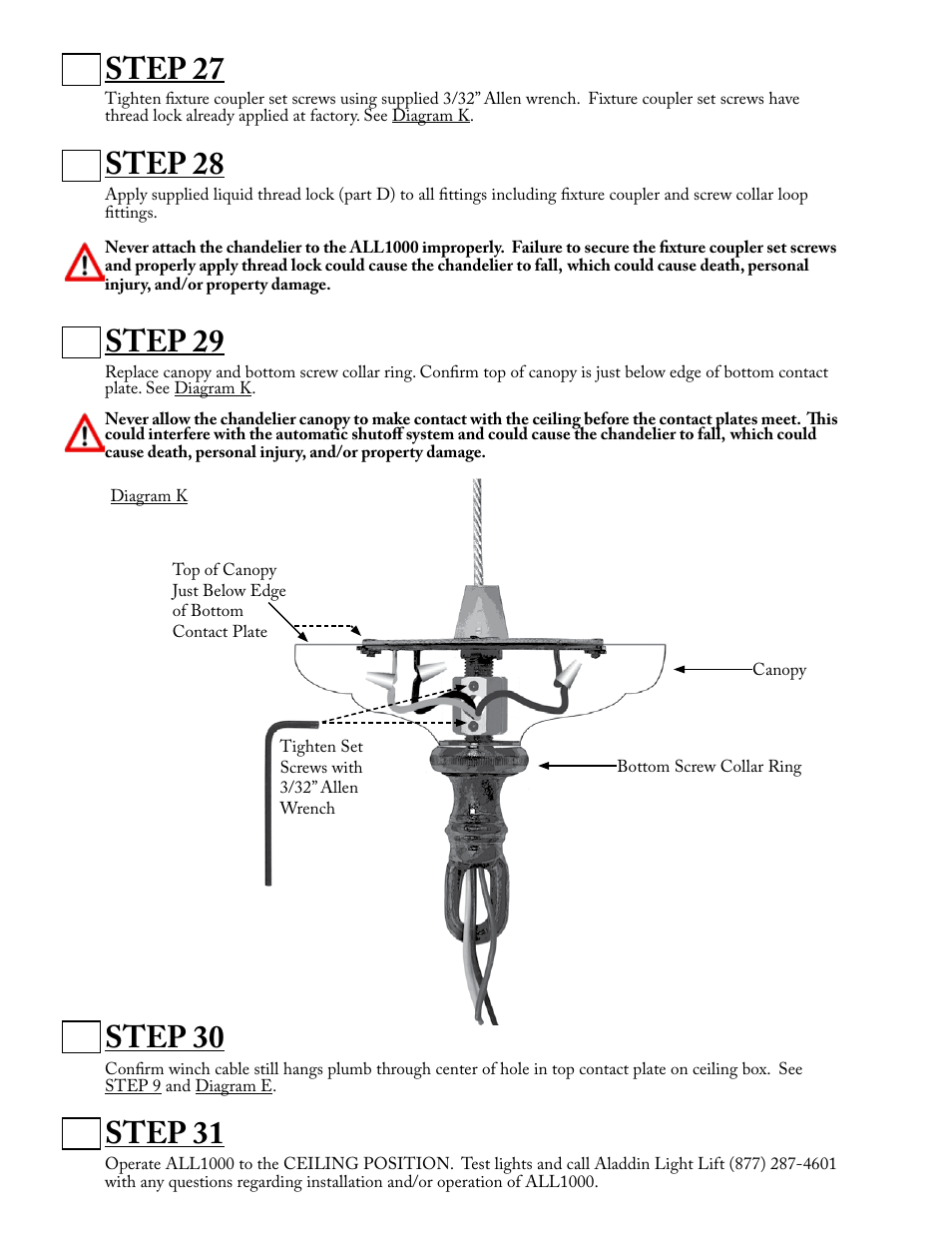 Step 27, Step 28, Step 29 | Step 30, Step 31 | Aladdin Light Lift ALL1000-CM-240V User Manual | Page 11 / 13