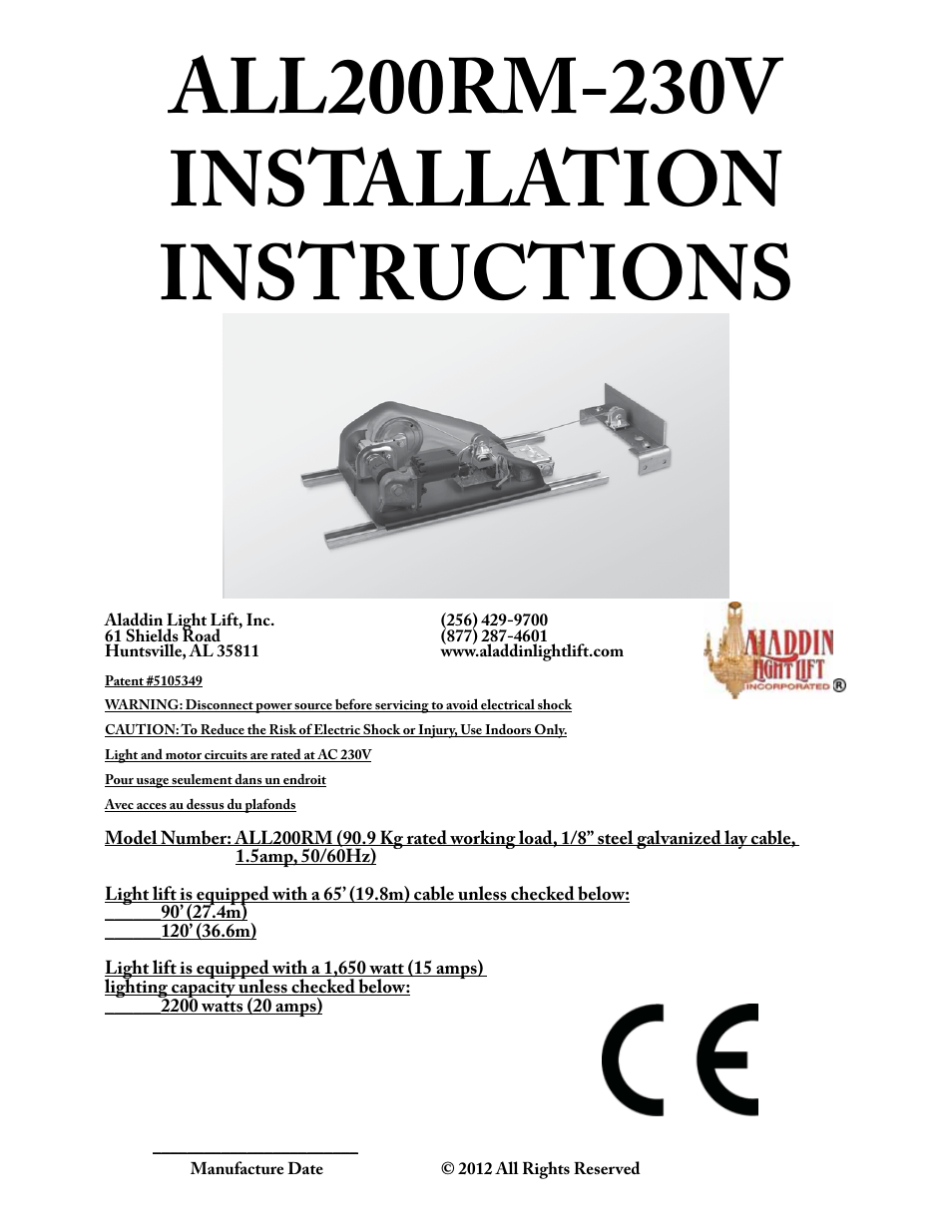 Aladdin Light Lift ALL200RM-CM-240V User Manual | 21 pages