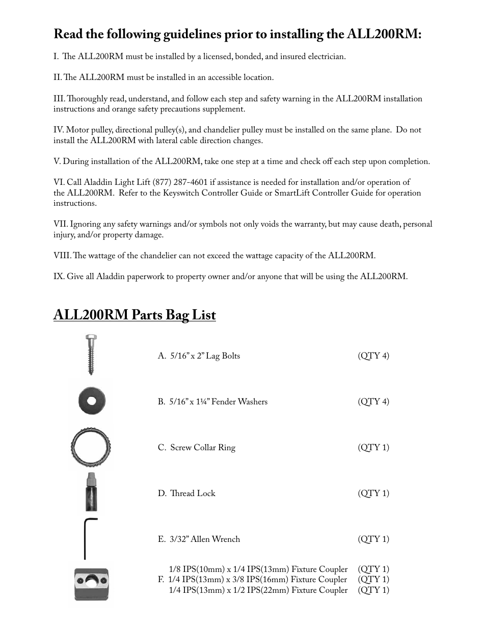 All200rm parts bag list | Aladdin Light Lift ALL200RM-CM-240V User Manual | Page 2 / 21