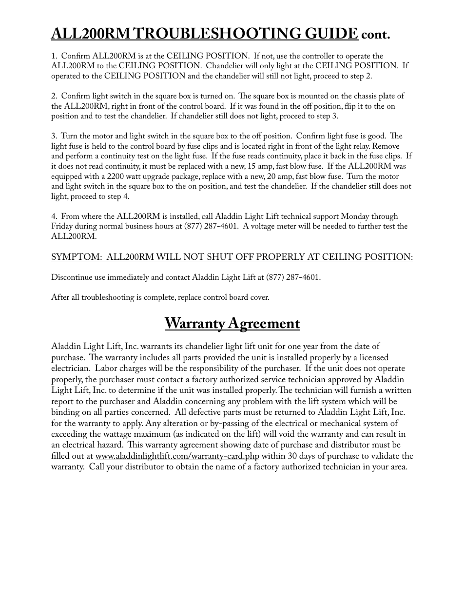 All200rm troubleshooting guide, Warranty agreement, Cont | Aladdin Light Lift ALL200RM-CM-240V User Manual | Page 21 / 21