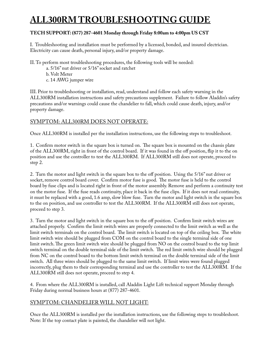 All300rm troubleshooting guide | Aladdin Light Lift ALL300RM-CM-240V User Manual | Page 20 / 21