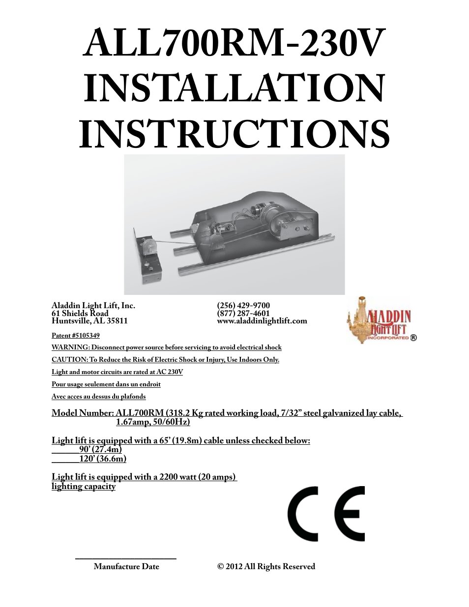 Aladdin Light Lift ALL700RM-CM-240V User Manual | 21 pages