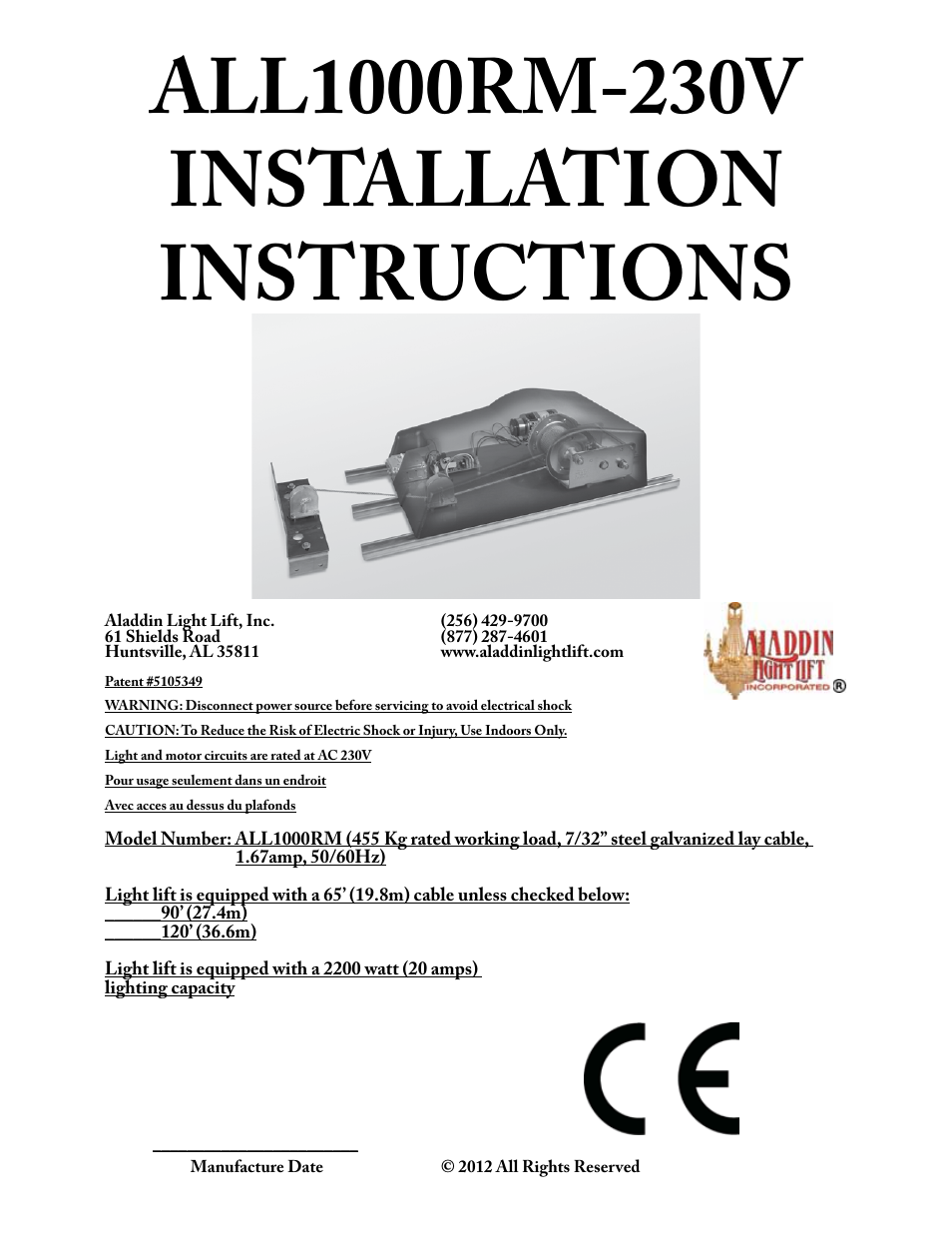 Aladdin Light Lift ALL1000RM-CM-240V User Manual | 21 pages