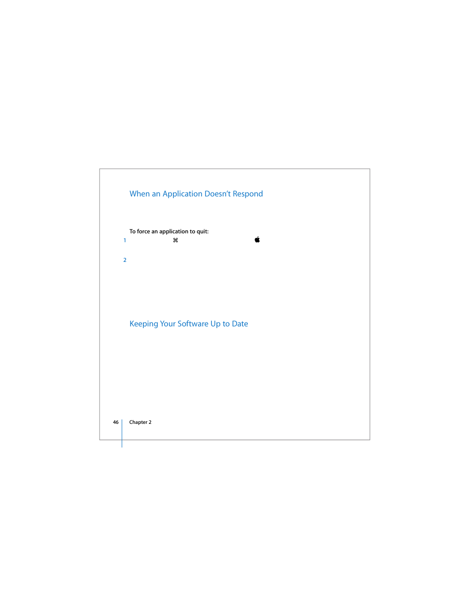 When an application doesn’t respond, Keeping your software up to date | Apple 17-inch MacBook Pro (User’s Guide) User Manual | Page 46 / 144