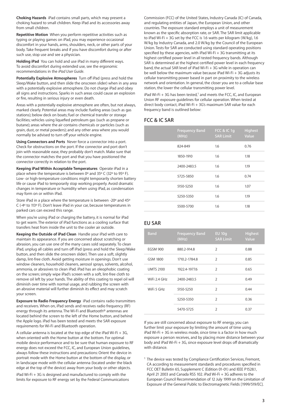 Fcc & ic sar, Eu sar | Apple iPad User Manual | Page 3 / 8