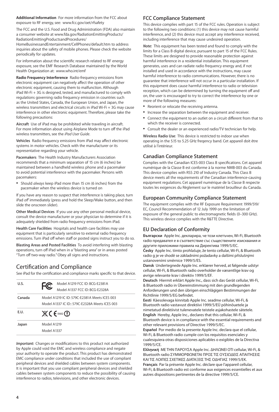 Certification and compliance, Fcc compliance statement, Canadian compliance statement | European community compliance statement, Eu declaration of conformity | Apple iPad User Manual | Page 4 / 8