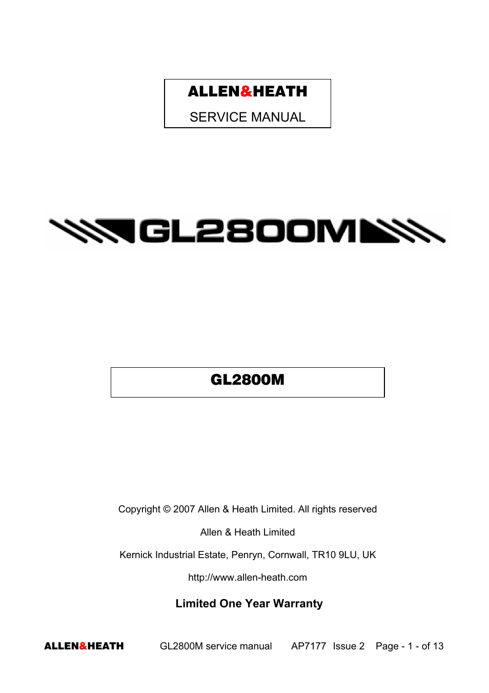 Allen&Heath GL2800M SERVICE MANUAL User Manual | 13 pages