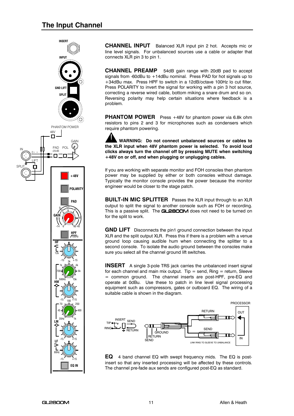 The input channel, Channel input, Channel preamp | Phantom power, Built-in mic splitter, Gnd lift, Insert | Allen&Heath GL2800M USER GUIDE User Manual | Page 11 / 23