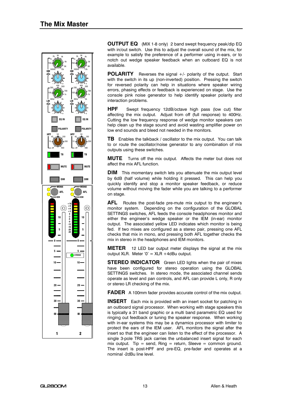 The mix master, Output eq, Polarity | Mute, Meter, Stereo indicator, Fader, Insert | Allen&Heath GL2800M USER GUIDE User Manual | Page 13 / 23