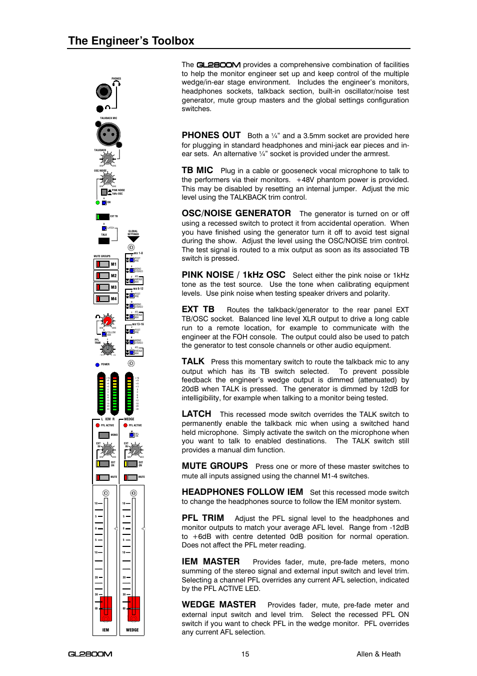 The engineer’s toolbox, Phones out, Tb mic | Osc/noise generator, Pink noise / 1khz osc, Ext tb, Talk, Latch, Mute groups, Headphones follow iem | Allen&Heath GL2800M USER GUIDE User Manual | Page 15 / 23