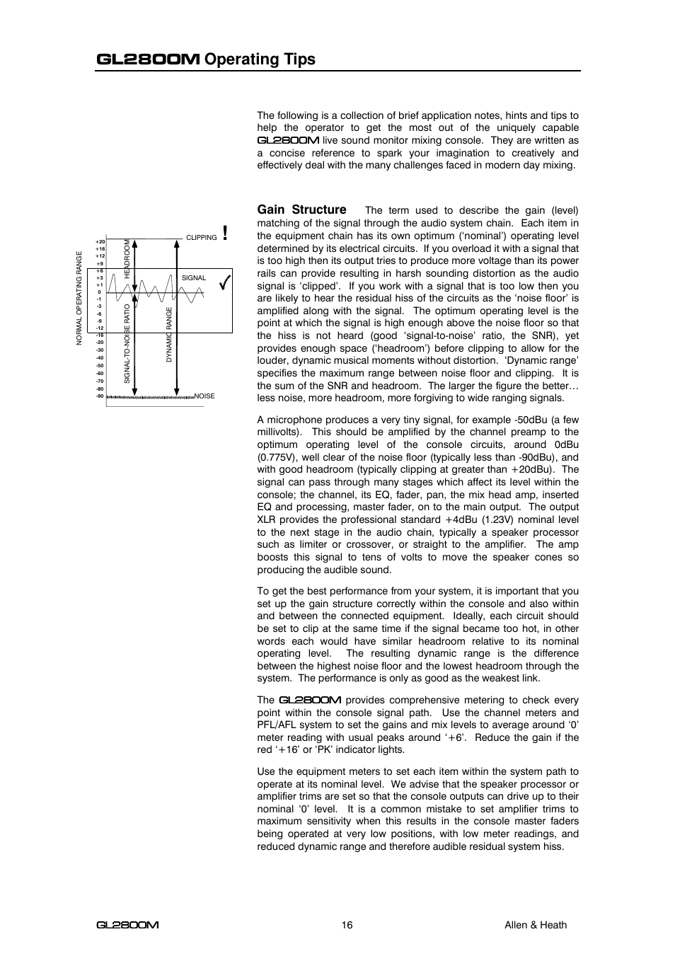 Gl2800m operating tips, Gain structure | Allen&Heath GL2800M USER GUIDE User Manual | Page 16 / 23