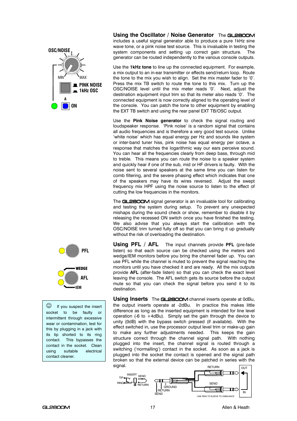 Using the oscillator / noise generator, Using pfl / afl, Using inserts | Allen&Heath GL2800M USER GUIDE User Manual | Page 17 / 23