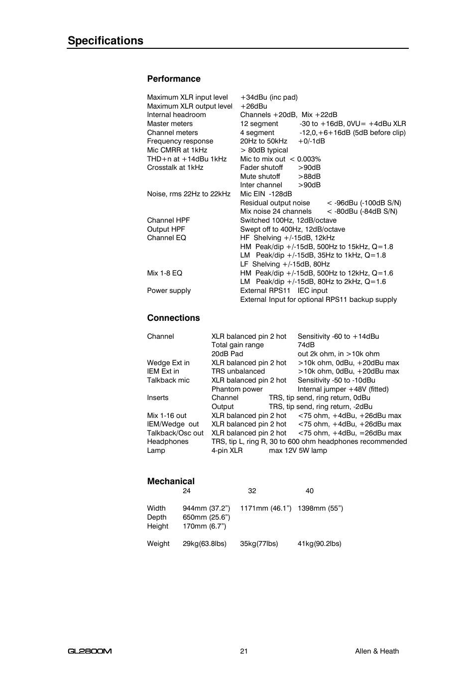 Specifications | Allen&Heath GL2800M USER GUIDE User Manual | Page 21 / 23