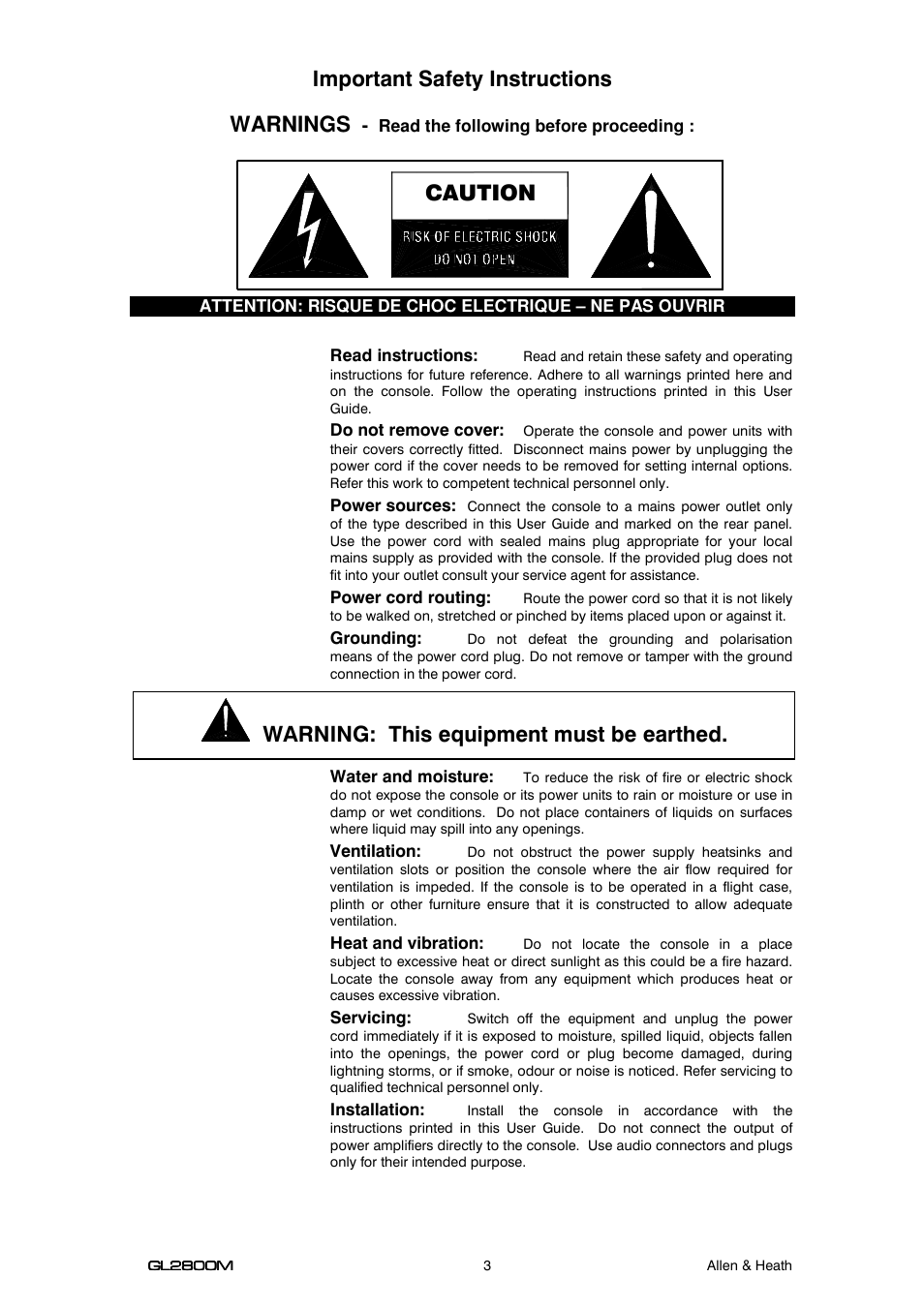 Important safety instructions warnings, Caution warning: this equipment must be earthed | Allen&Heath GL2800M USER GUIDE User Manual | Page 3 / 23