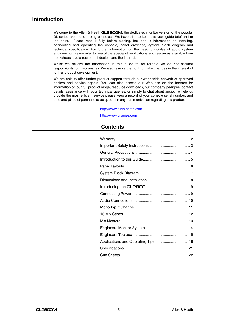 Allen&Heath GL2800M USER GUIDE User Manual | Page 5 / 23