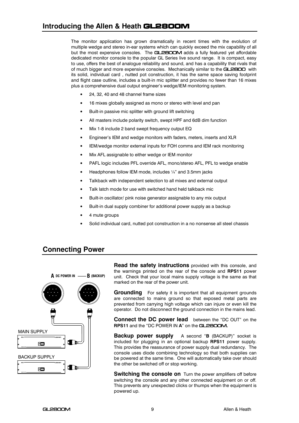 Connecting power | Allen&Heath GL2800M USER GUIDE User Manual | Page 9 / 23
