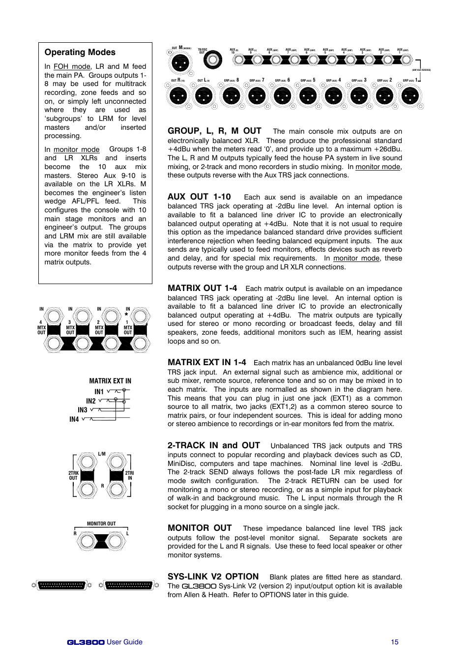 Group, l, r, m out, Aux out 1-10, Matrix out 1-4 | Matrix ext in 1-4, Track in and out, Monitor out, Sys-link v2 option, Operating modes | Allen&Heath GL3800 User Manual | Page 15 / 44
