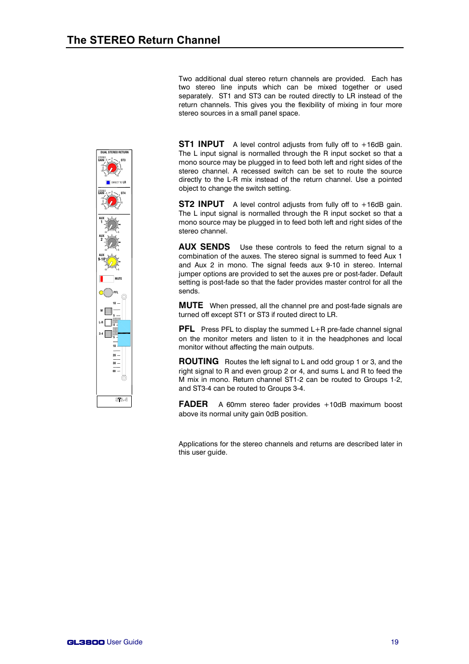 The stereo return channel, St1 input, St2 input | Aux sends, Mute, Routing, Fader | Allen&Heath GL3800 User Manual | Page 19 / 44