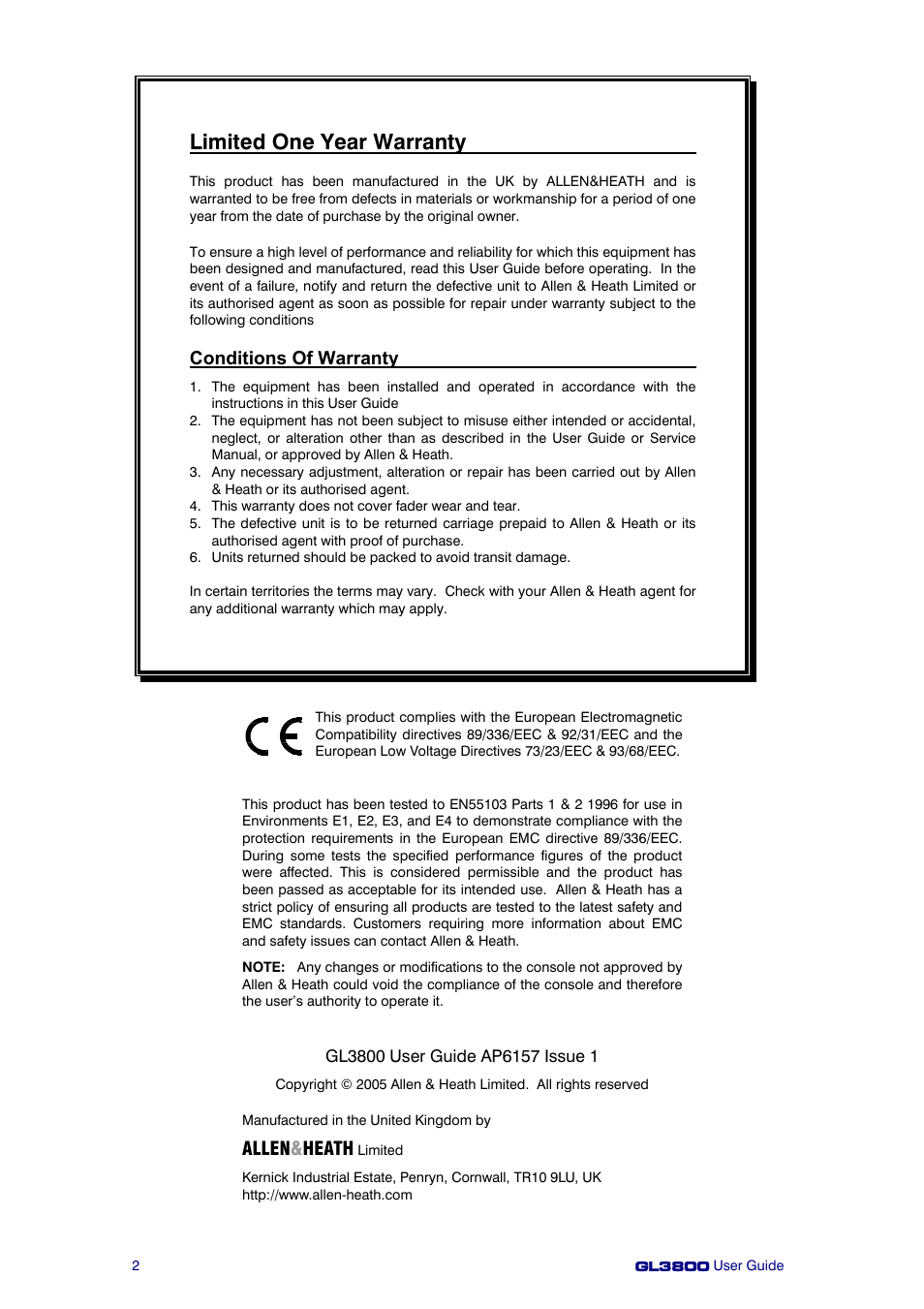 Limited one year warranty, Allen & heath, Conditions of warranty | Allen&Heath GL3800 User Manual | Page 2 / 44