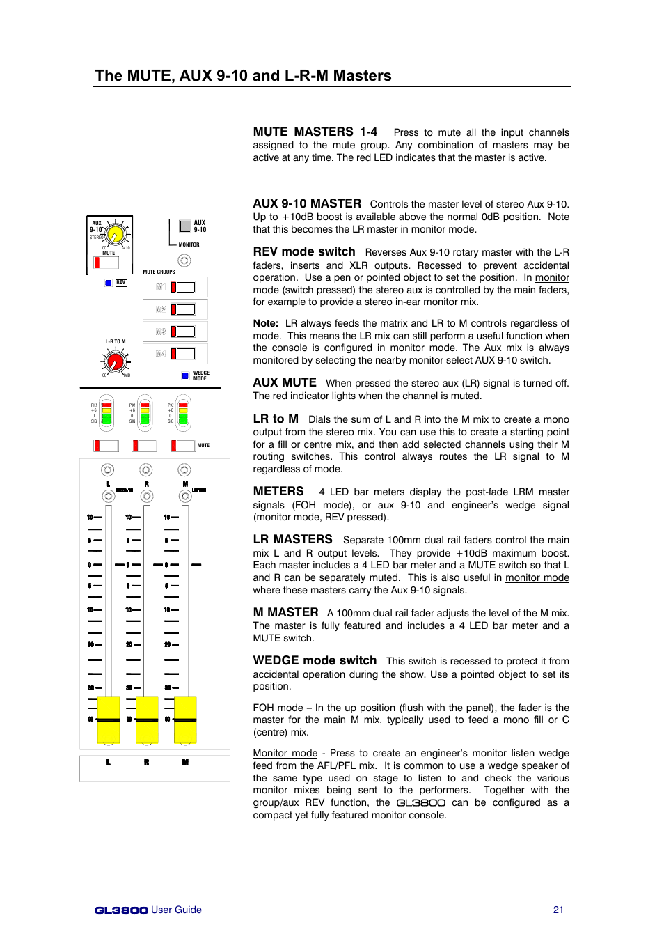The mute, aux 9-10 and l-r-m masters, Mute masters 1-4, Aux 9-10 master | Rev mode switch, Aux mute, Lr to m, Meters, Lr masters, M master, Wedge mode switch | Allen&Heath GL3800 User Manual | Page 21 / 44