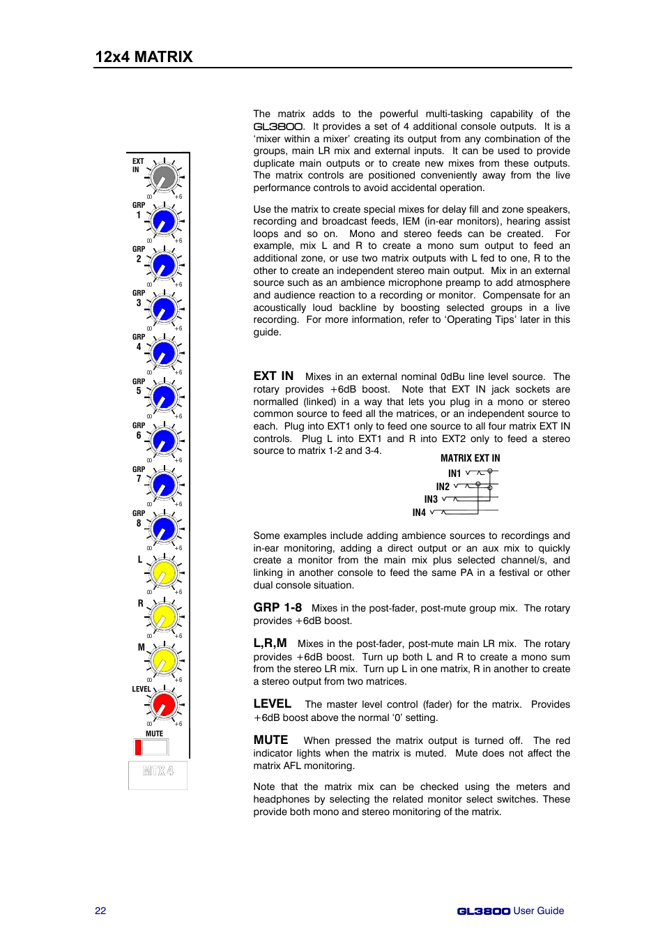 12x4 matrix, Ext in, Grp 1-8 | L,r,m, Level, Mute | Allen&Heath GL3800 User Manual | Page 22 / 44