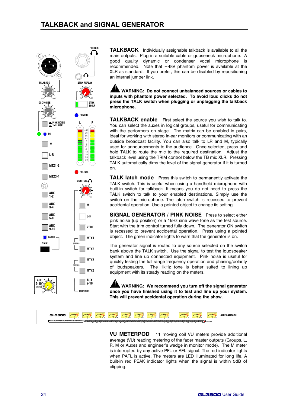 Talkback and signal generator, Talkback, Talkback enable | Talk latch mode, Signal generator / pink noise, Vu meterpod | Allen&Heath GL3800 User Manual | Page 24 / 44