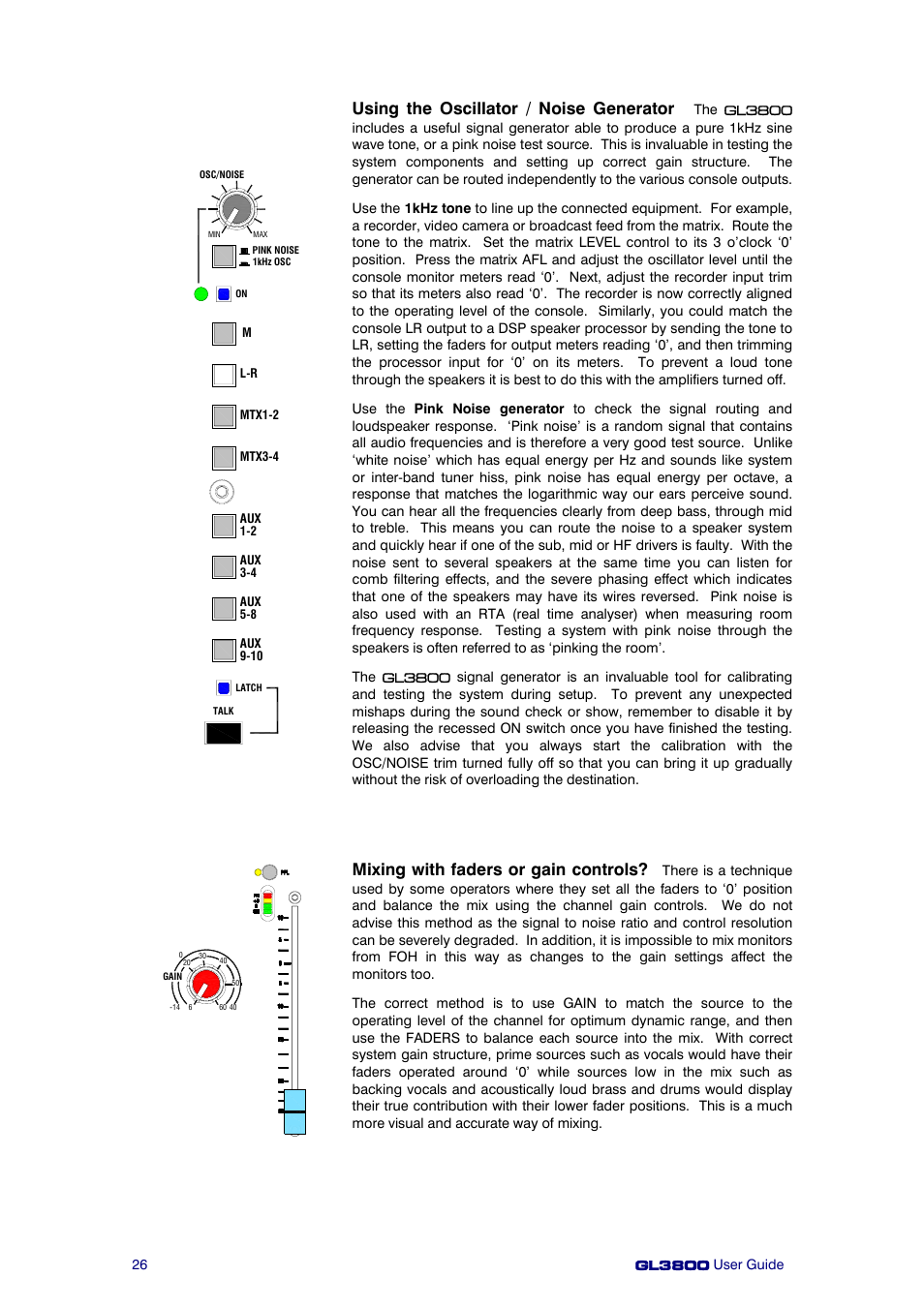 Using the oscillator / noise generator, Mixing with faders or gain controls | Allen&Heath GL3800 User Manual | Page 26 / 44