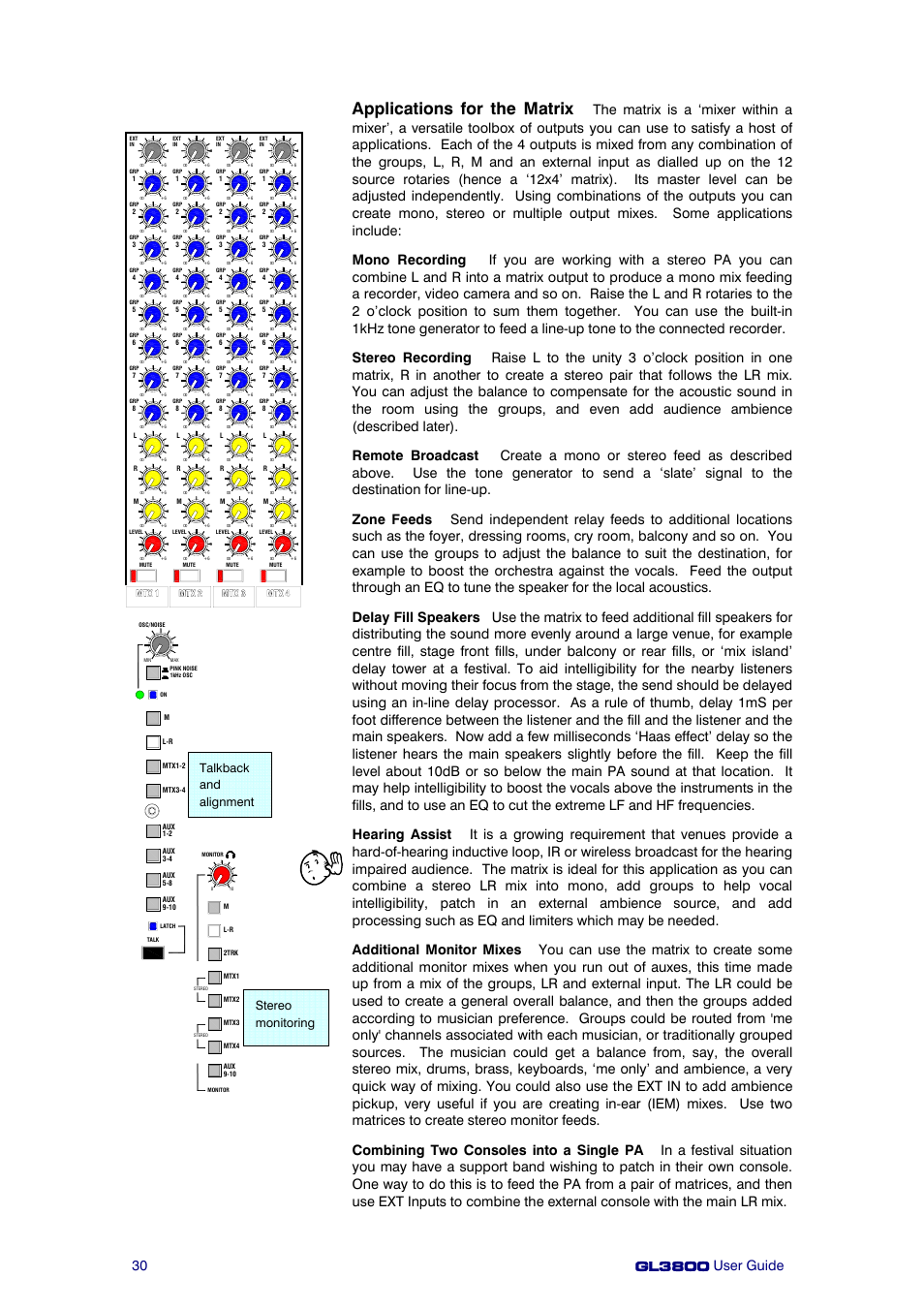 Applications for the matrix, Stereo monitoring talkback and alignment | Allen&Heath GL3800 User Manual | Page 30 / 44