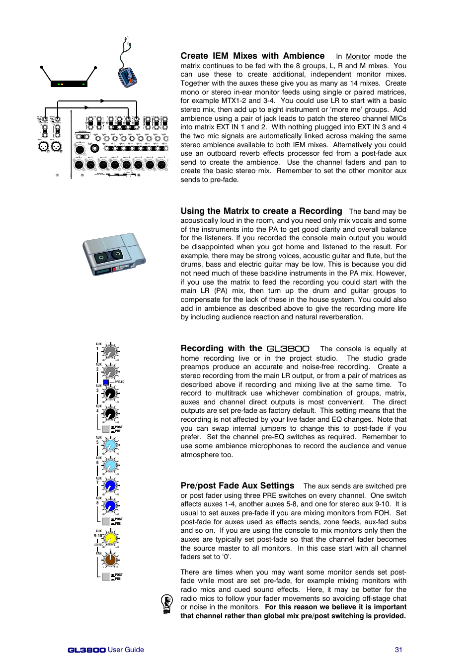 Create iem mixes with ambience, Using the matrix to create a recording, Recording with the gl3800 | Pre/post fade aux settings | Allen&Heath GL3800 User Manual | Page 31 / 44