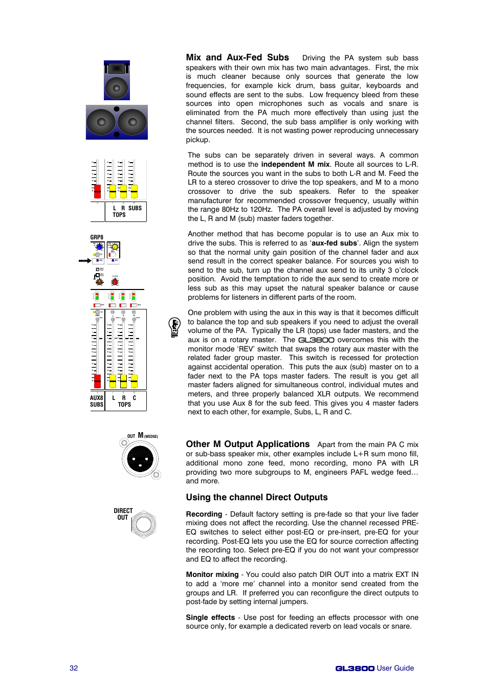 Mix and aux-fed subs, Other m output applications, Using the channel direct outputs | Out direct, L r c aux8 tops subs grp8, L r subs tops | Allen&Heath GL3800 User Manual | Page 32 / 44