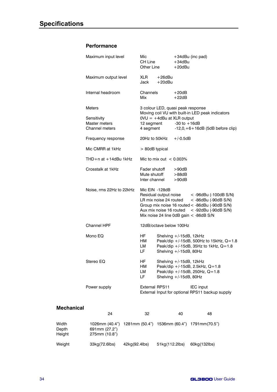 Specifications | Allen&Heath GL3800 User Manual | Page 34 / 44