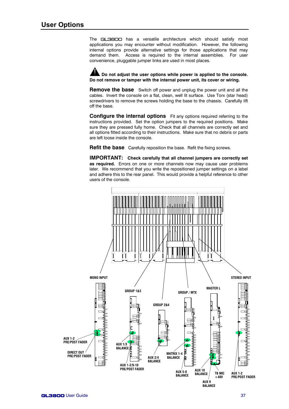 User options, Remove the base, Configure the internal options | Refit the base, Important | Allen&Heath GL3800 User Manual | Page 37 / 44