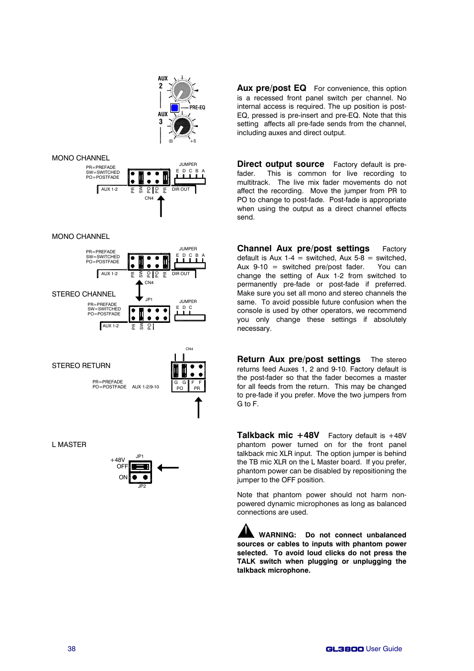 Aux pre/post eq, Direct output source, Channel aux pre/post settings | Return aux pre/post settings, Talkback mic +48v | Allen&Heath GL3800 User Manual | Page 38 / 44