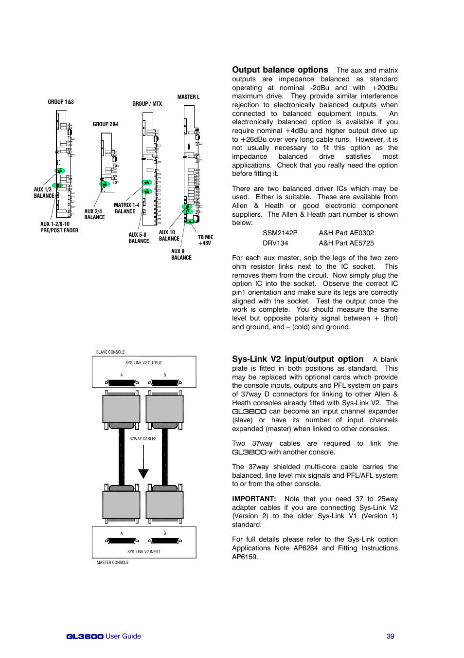 Output balance options, Sys-link v2 input/output option | Allen&Heath GL3800 User Manual | Page 39 / 44