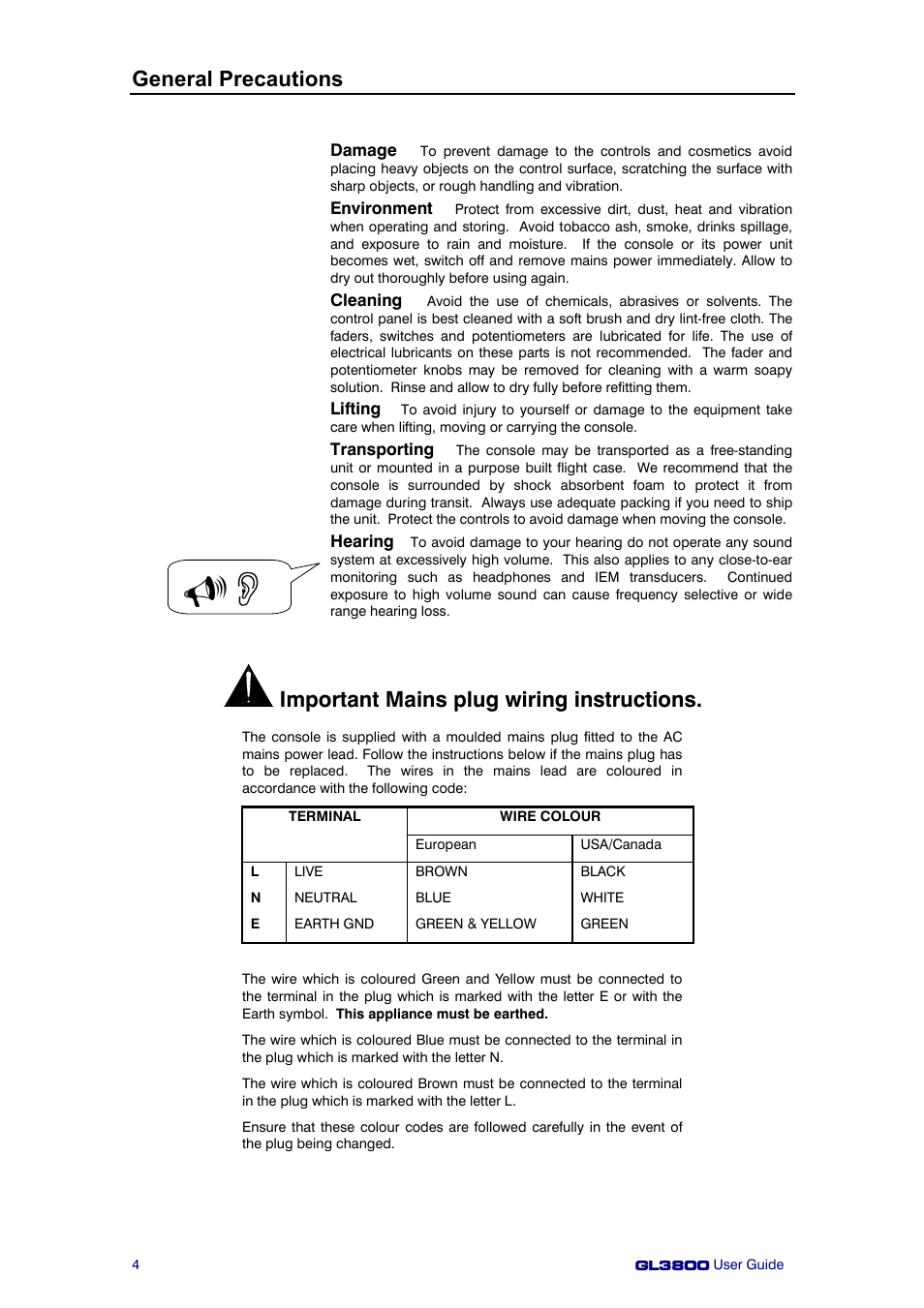 General precautions, Important mains plug wiring instructions | Allen&Heath GL3800 User Manual | Page 4 / 44