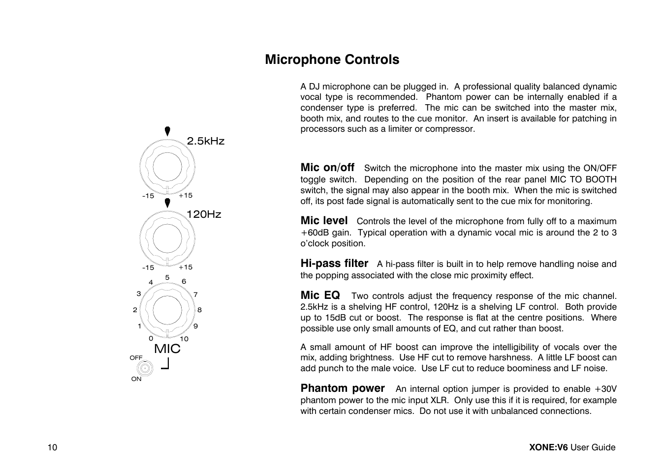 Microphone controls, Mic on/off, Mic level | Hi-pass filter, Mic eq, Phantom power | Allen&Heath Xone V6 User Manual | Page 10 / 42