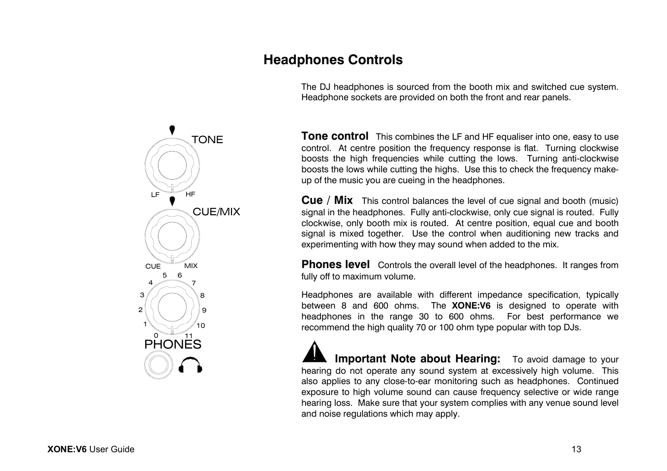 Headphones controls, Phones, Tone control | Cue / mix, Phones level | Allen&Heath Xone V6 User Manual | Page 13 / 42