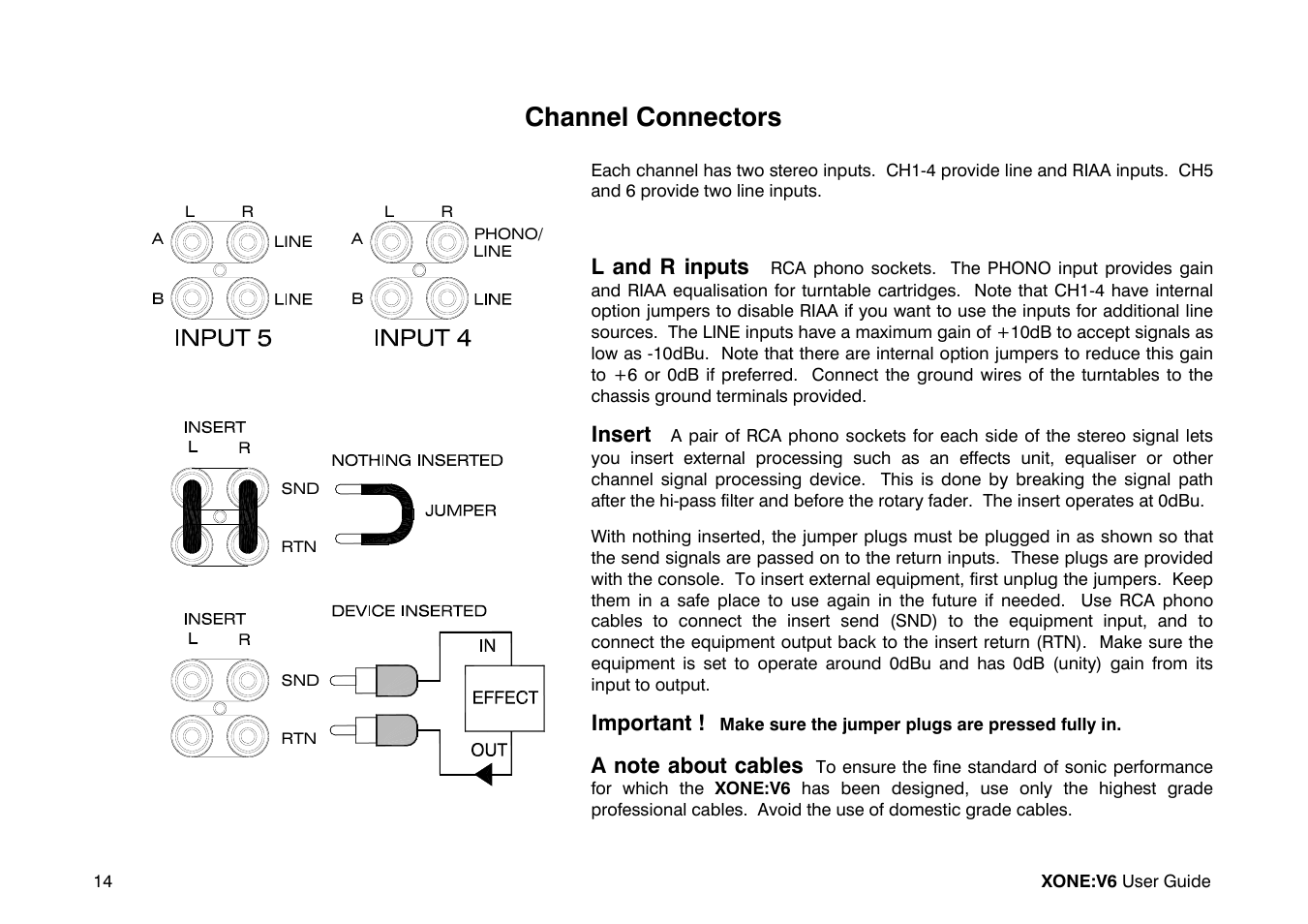 Channel connectors, L and r inputs, Insert | Important | Allen&Heath Xone V6 User Manual | Page 14 / 42