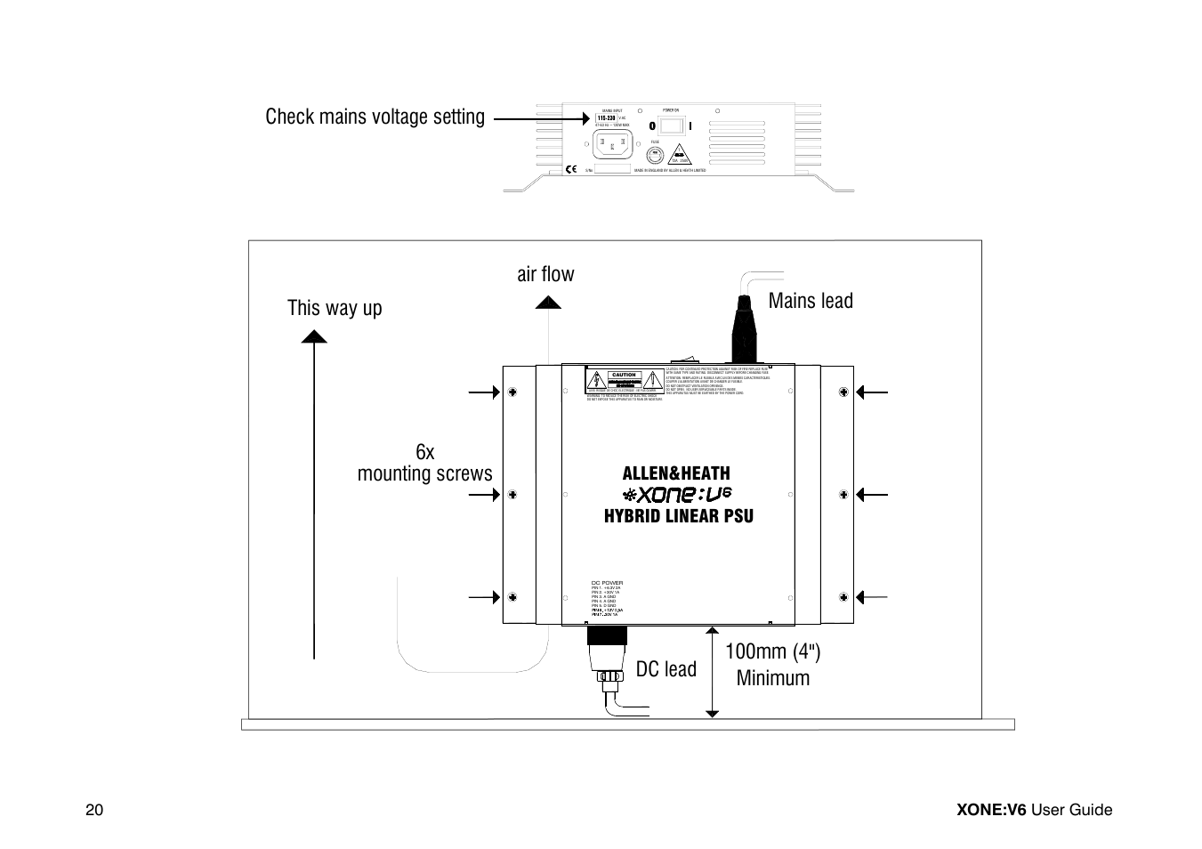 Check mains voltage setting air flow, Hybrid linear psu heath, Allen | 20 xone:v6 user guide | Allen&Heath Xone V6 User Manual | Page 20 / 42