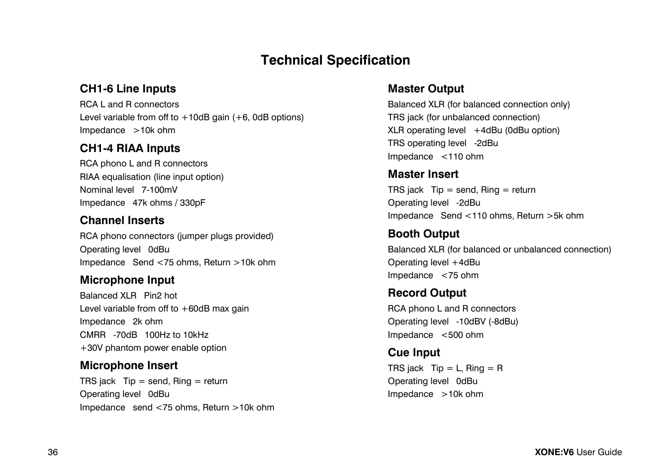 Technical specification | Allen&Heath Xone V6 User Manual | Page 36 / 42