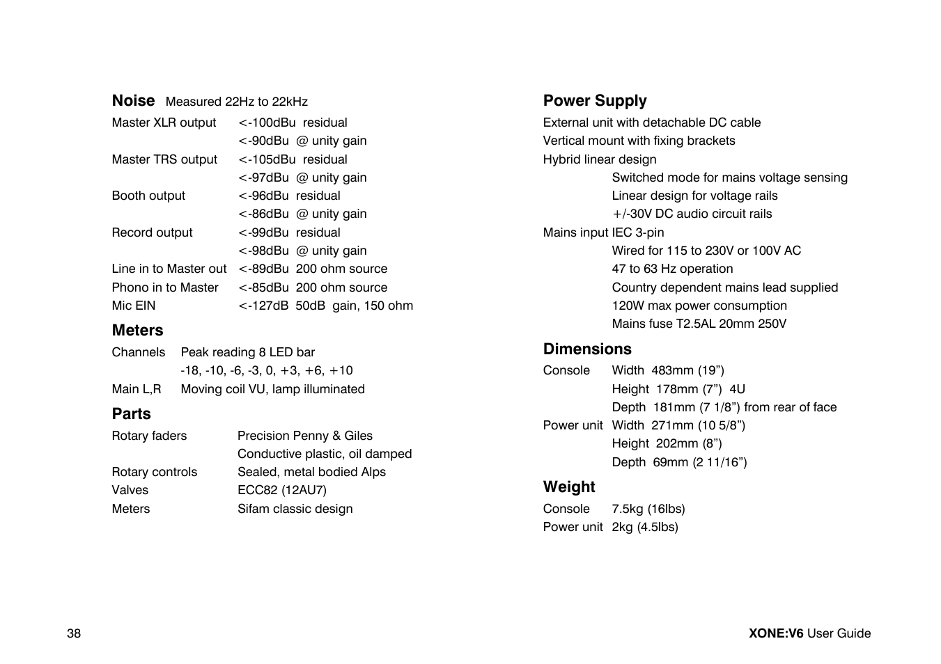 Noise, Meters, Parts | Power supply, Dimensions, Weight | Allen&Heath Xone V6 User Manual | Page 38 / 42