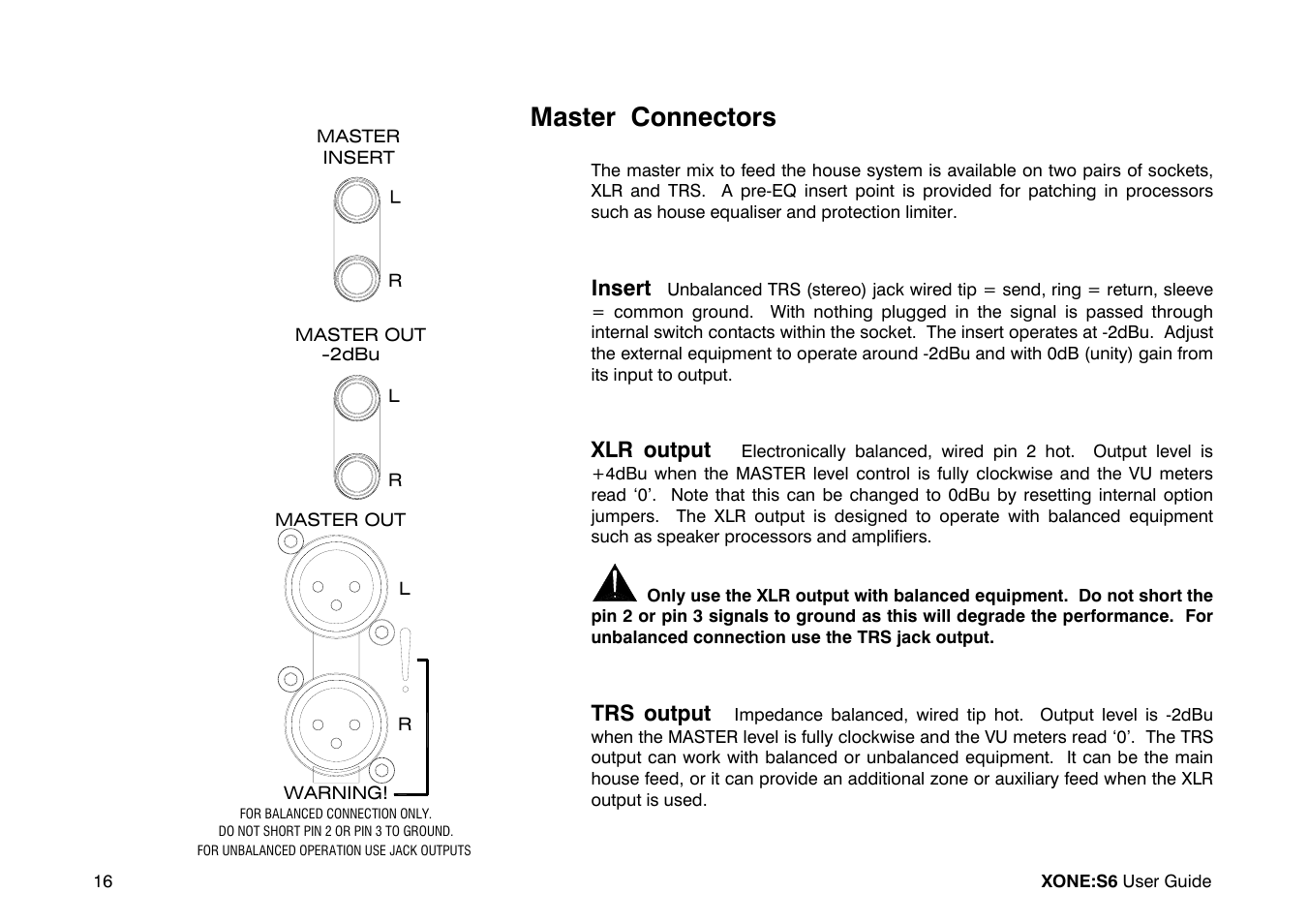 Master connectors, Insert, Xlr output | Trs output | Allen&Heath Xone S6 User Manual | Page 16 / 42