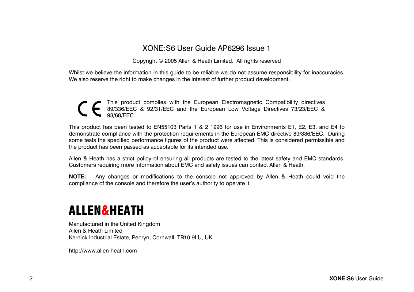 Allen & heath | Allen&Heath Xone S6 User Manual | Page 2 / 42