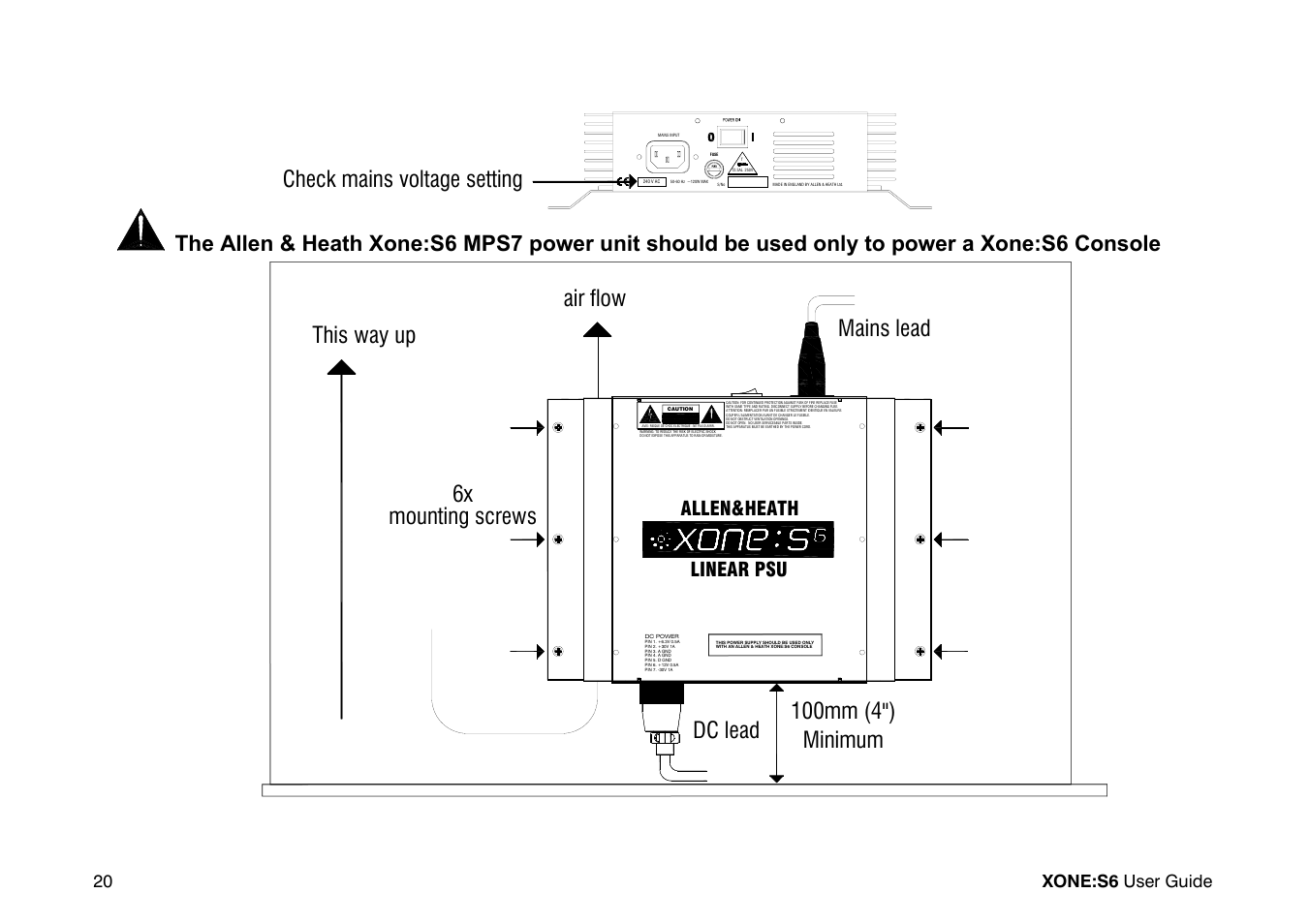 Check mains voltage setting air flow, Allen heath & linear psu, 20 xone:s6 user guide | Allen&Heath Xone S6 User Manual | Page 20 / 42