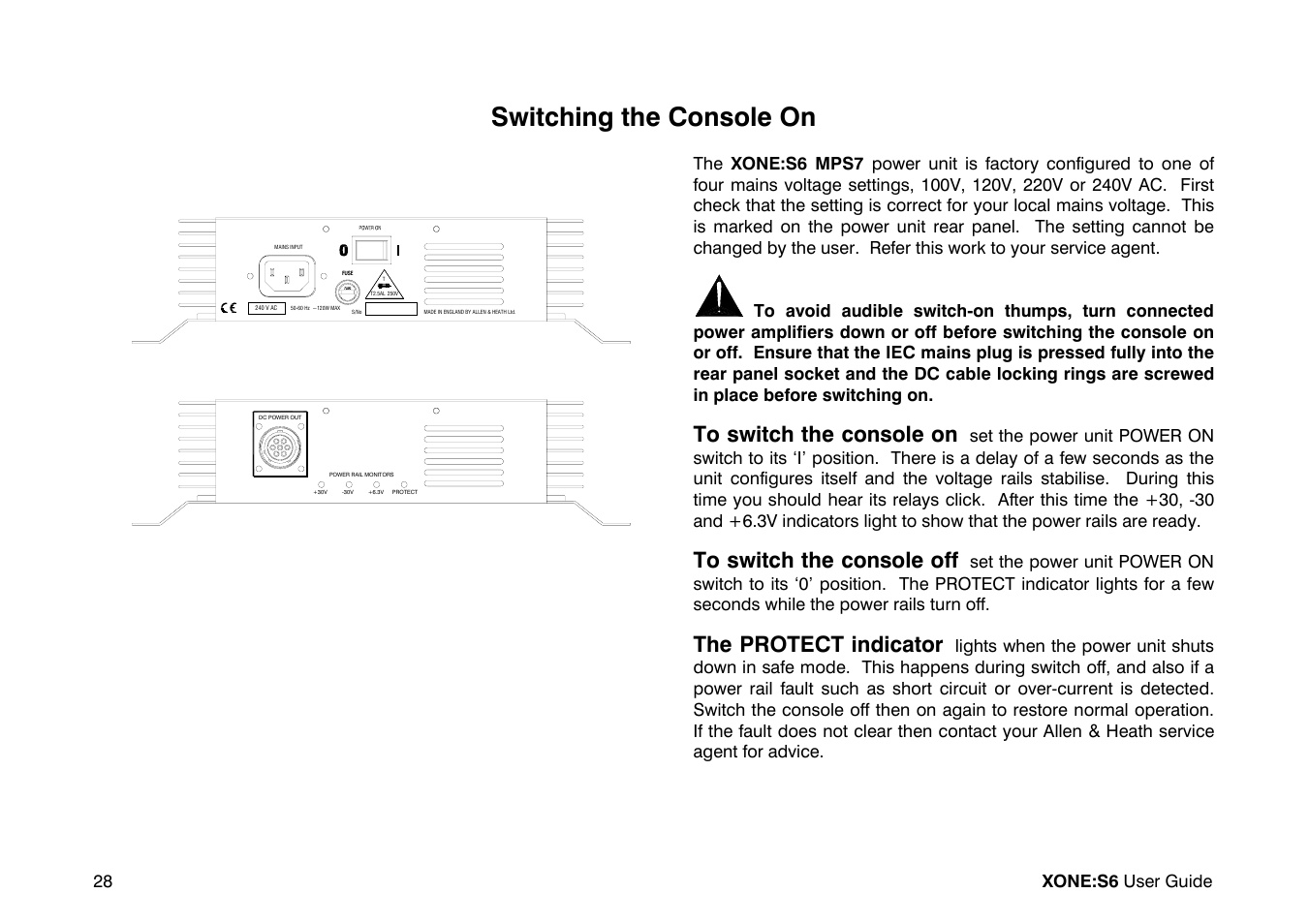 Switching the console on, The protect indicator | Allen&Heath Xone S6 User Manual | Page 28 / 42