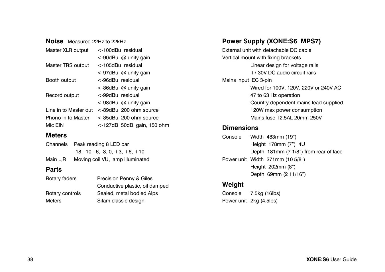 Noise, Meters, Parts | Power supply (xone:s6 mps7), Dimensions, Weight | Allen&Heath Xone S6 User Manual | Page 38 / 42
