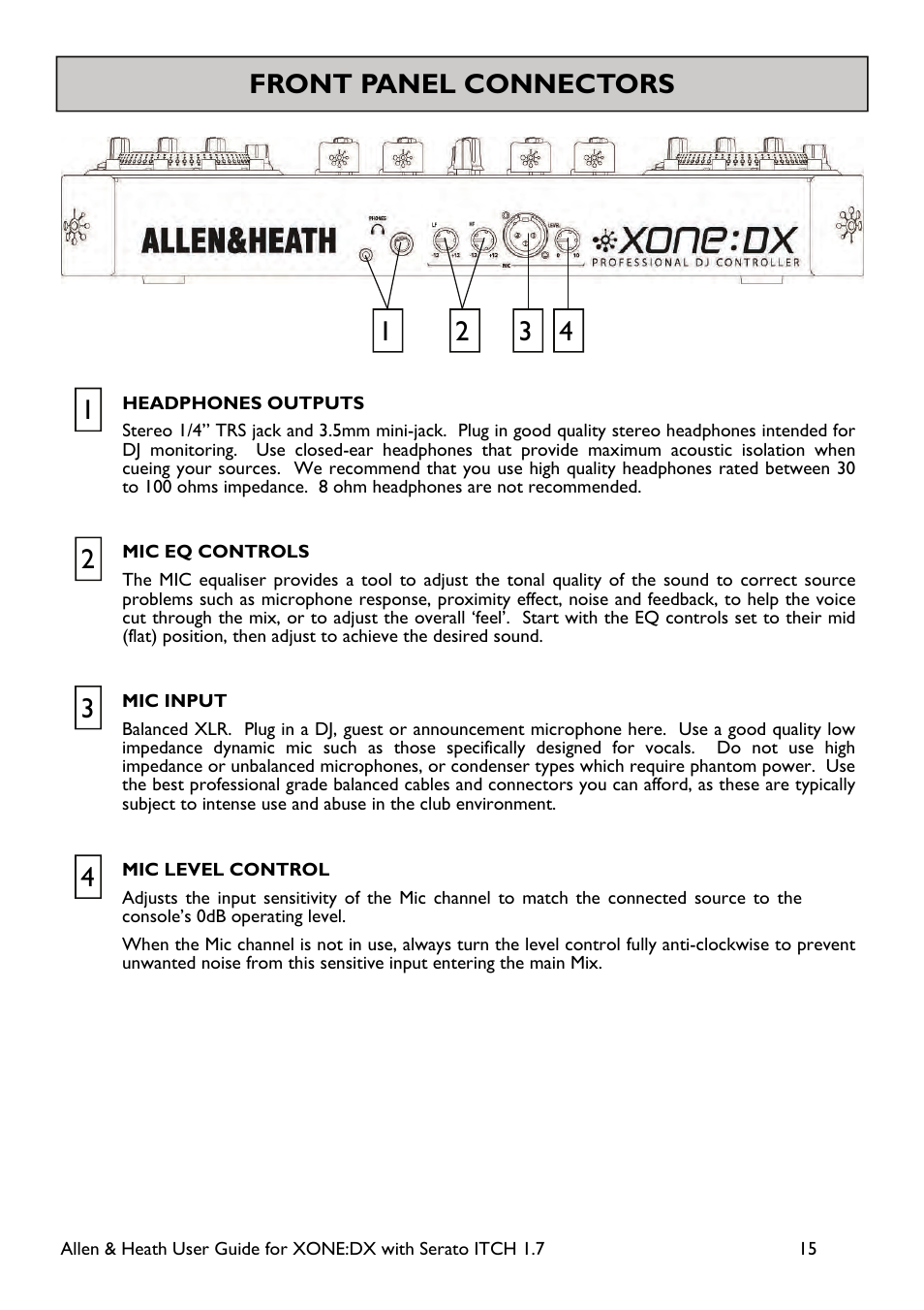 Front panel connectors 1 2 4 3 | Allen&Heath Xone DX User Manual | Page 15 / 67