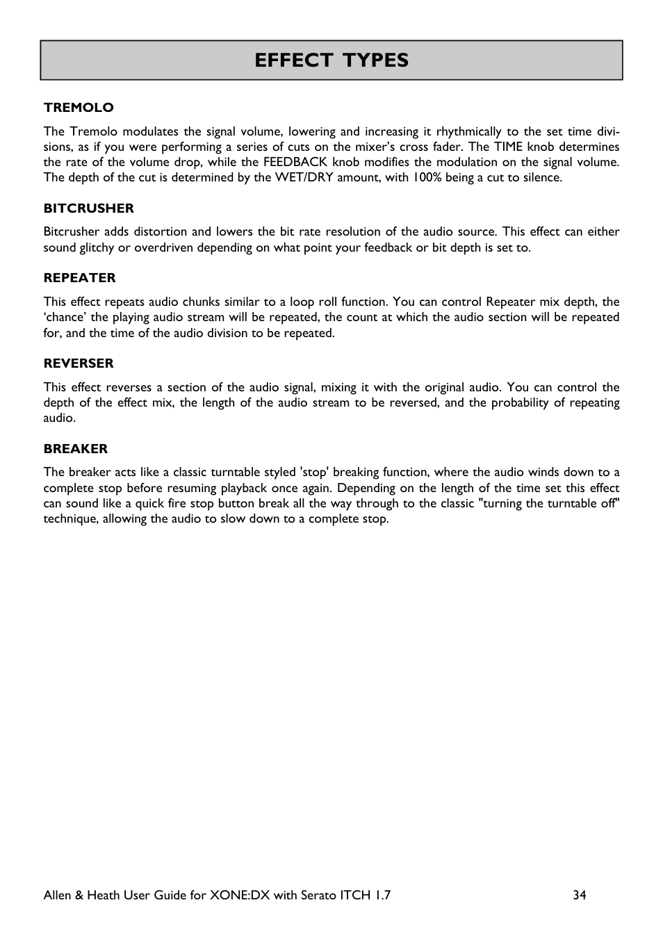 Effects types effect types | Allen&Heath Xone DX User Manual | Page 34 / 67