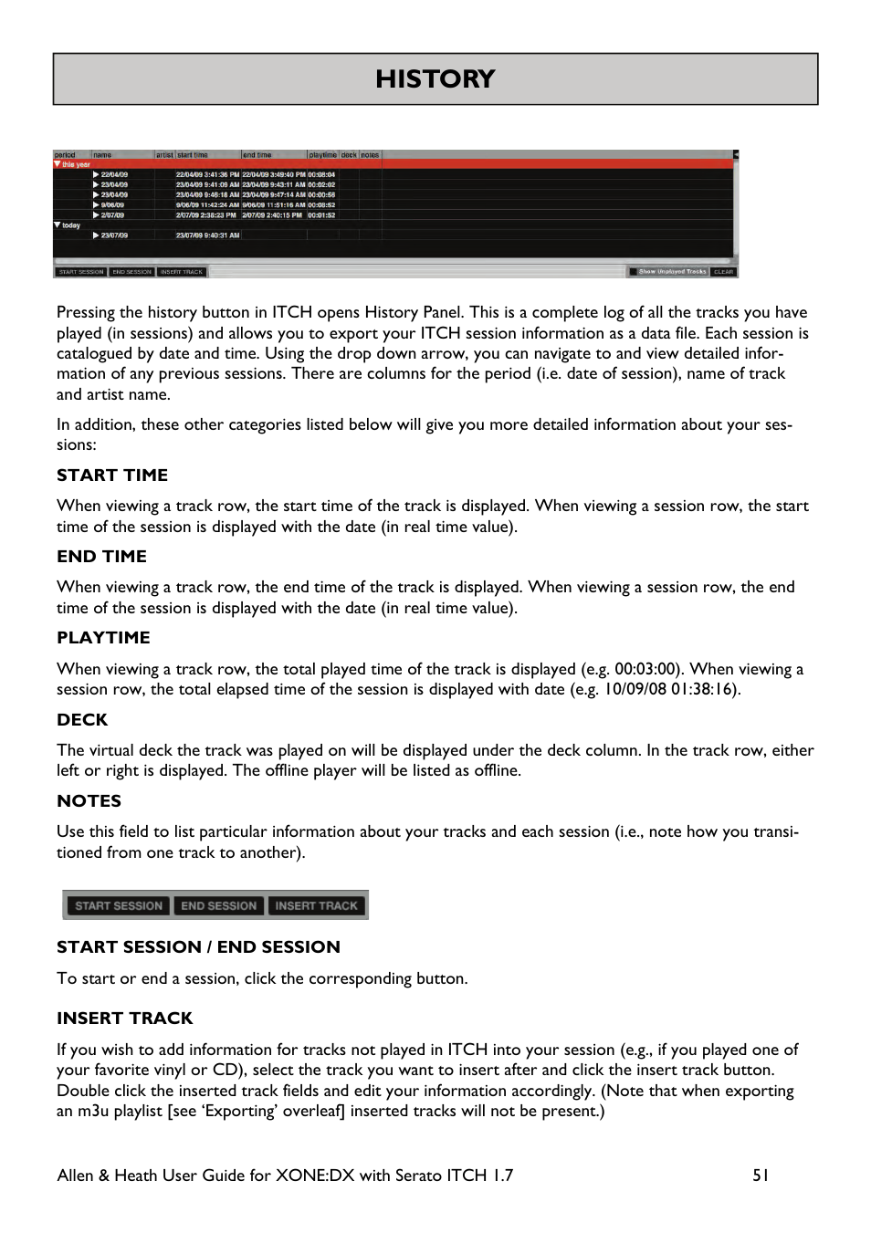 History, Start time, End time | Playtime, Deck, Start session / end session | Allen&Heath Xone DX User Manual | Page 51 / 67